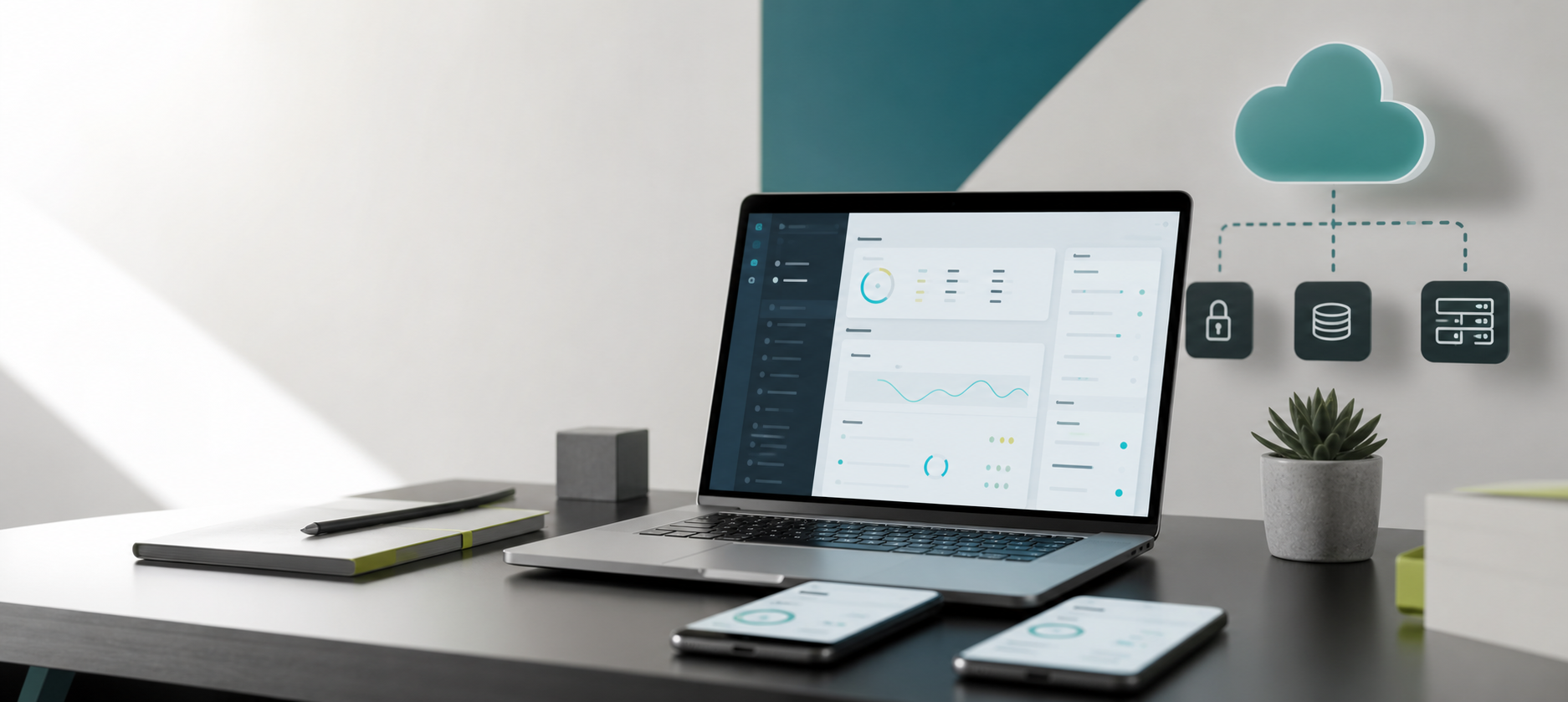 Ambiente de trabalho tecnológico com notebook e interfaces digitais.